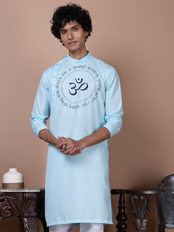 Mens  Sky Blue Side Placket Printed Kurta With Pyjama Set