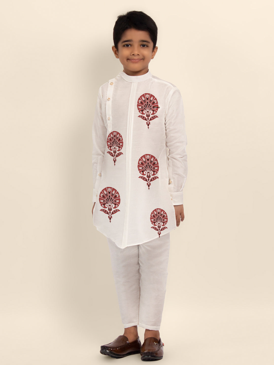 Boys White Printed Kurta With Pyjama Set