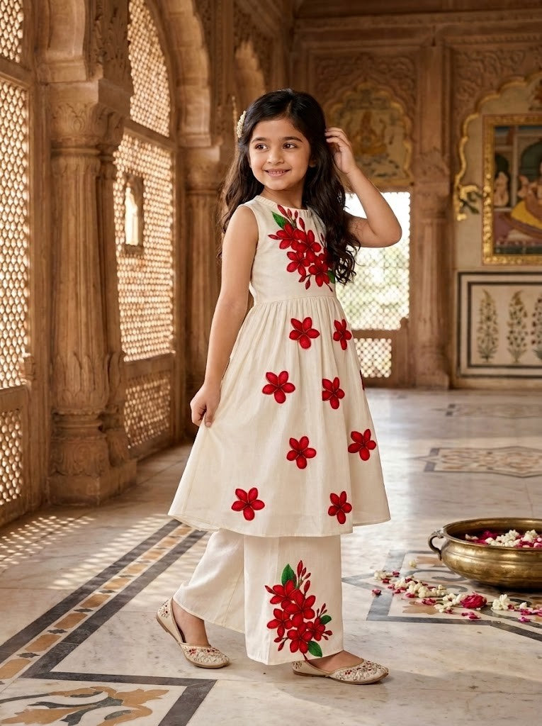 Girls' Off-White Art Silk Kurti Palazzo Set – Printed