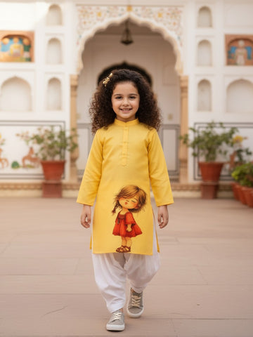 Girls' Yellow Cotton Kurti Set – Ethnic Print