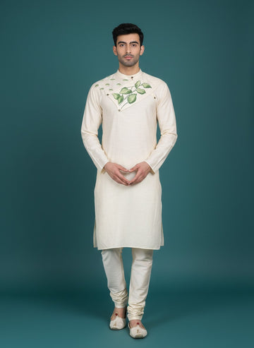 Men's Beige Silk Kurta Set – Ethnic Print & Side Placket
