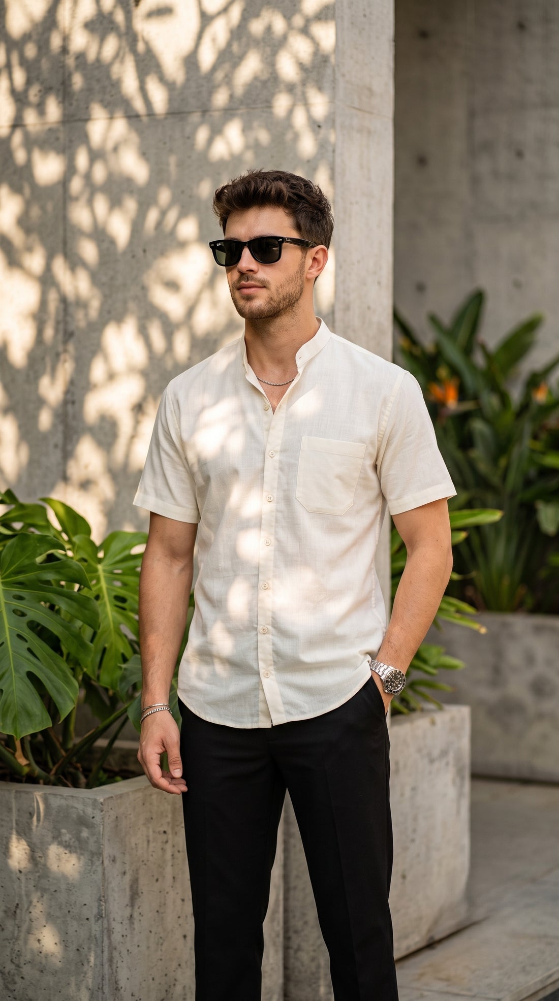 [DS-C-MG] Men's Beige chinese collar Cotton Shirt