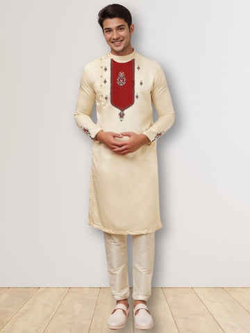 [MGSP-B] Men's Beige Ethnic Print Side Placket Cotton Kurta Set