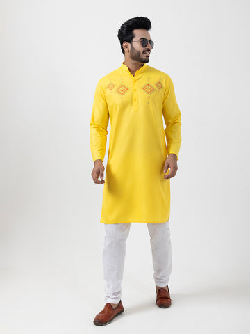 [CCSP] Men's Yellow Ethnic Print Cotton Kurta Set