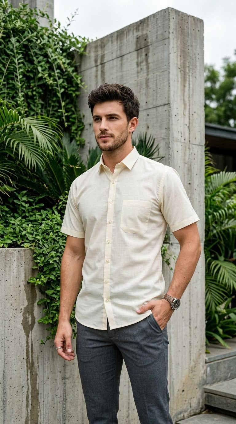 [DS-MG] Men's Beige Solid Cotton Shirt