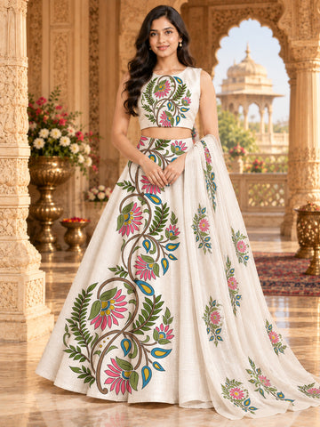 Women's Lehenga Off-White Art Silk Lehenga Set – Printed