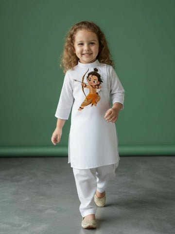 [DGKS-MGSP-B] Girls White Ethnic Motifs Printed Cotton Kurti Set