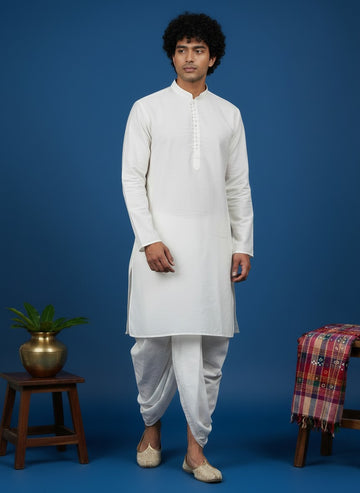 Men's White Cotton Kurta with Dhoti Set – Solid & Side Placket