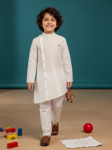 [DBKS-DP-D] Boy's White Solid Art Silk kurta Set