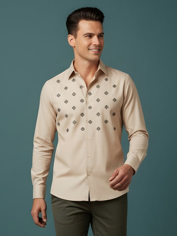 [DS-MGSP] Men's Beige Ethnic Printed Cotton Shirt