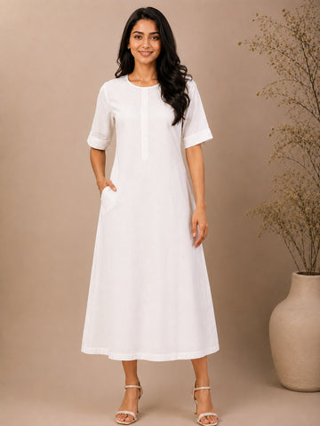 Women's White Cotton Linen Midi Dress – Round Neck