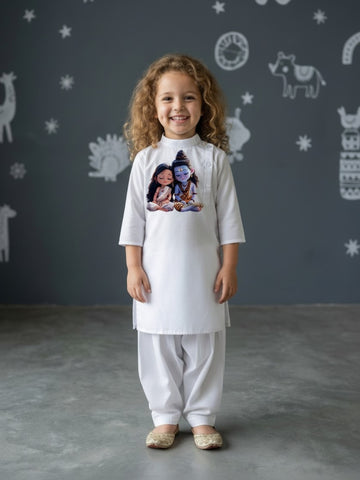 [DGKS-MGSP-B] Girls White Ethnic Motifs Printed Cotton Kurti Set