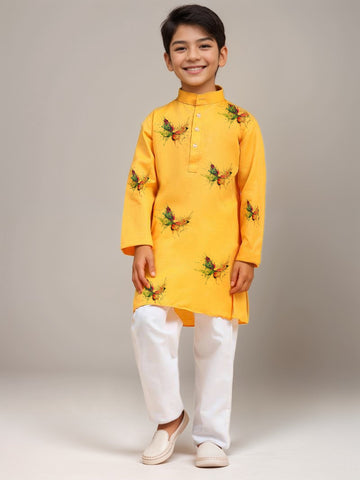 Boys Yellow Printed Kurta with Pyjama Set