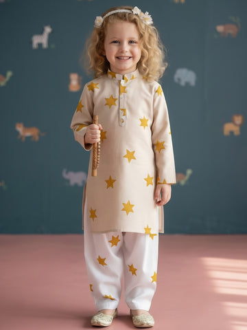 [DGKS-MGSP] Girls Beige Ethnic motifs Printed Cotton Kurti Set