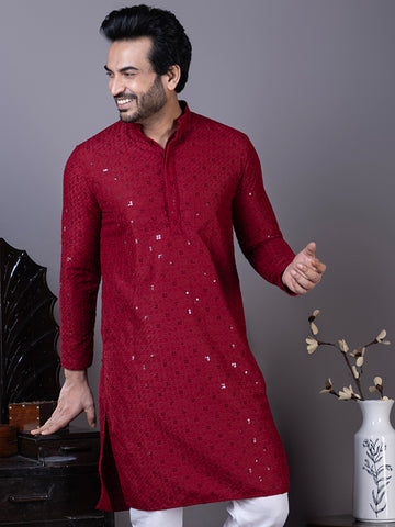Mens Maroon Chikankari Kurta with Pyjama