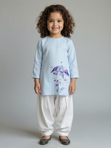 [DGKS-MGSP-RN] Girls Sky Blue Ethnic Motifs Printed Cotton Kurti Set
