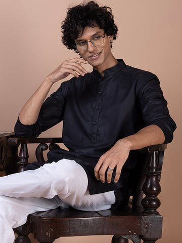 [MG] Men's Black Solid Cotton Kurta Set