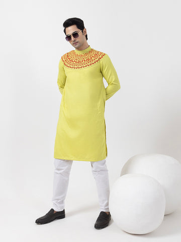 Mens Lime Green Side Placket Printed Kurta-Pyjama Set