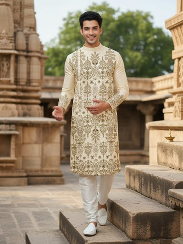 [MGSP-B] Men's Beige Ethnic Print Side Placket Cotton Kurta Set