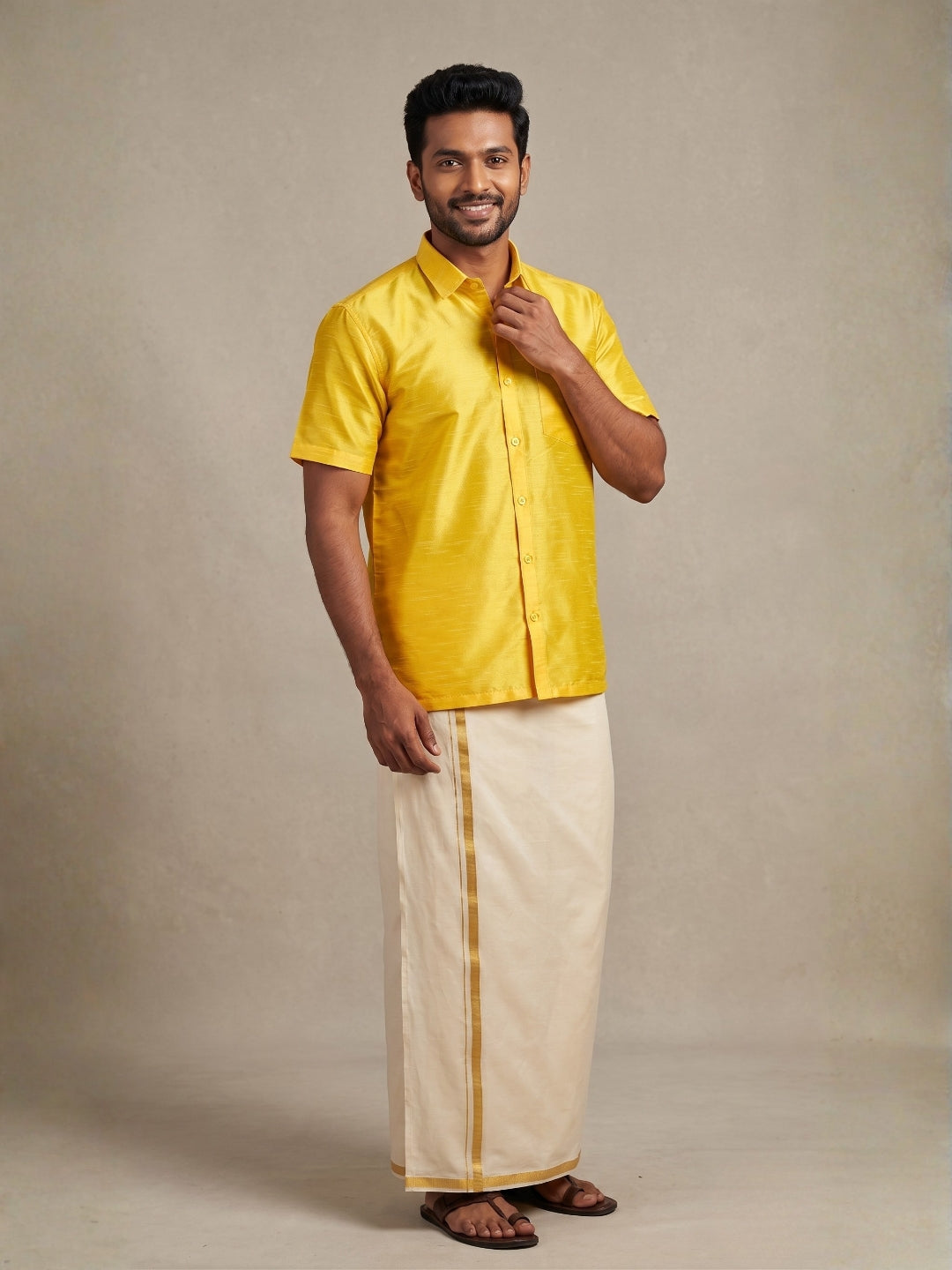 [DS-DP] Men's Mustard Solid Textured Art Silk Shirt