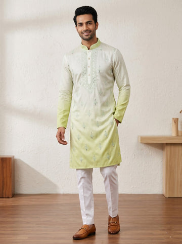 [NW] Men's Multi Colour Embroidered Cotton Silk Kurta Set