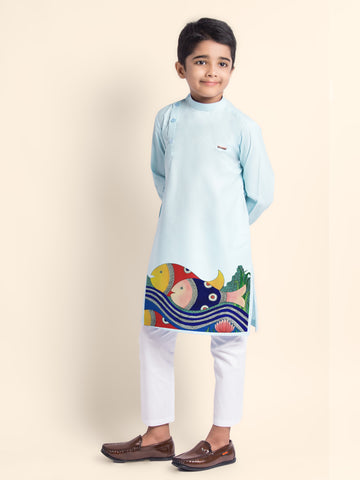 Boys Sky Blue Printed Kurta With Pyjama Set