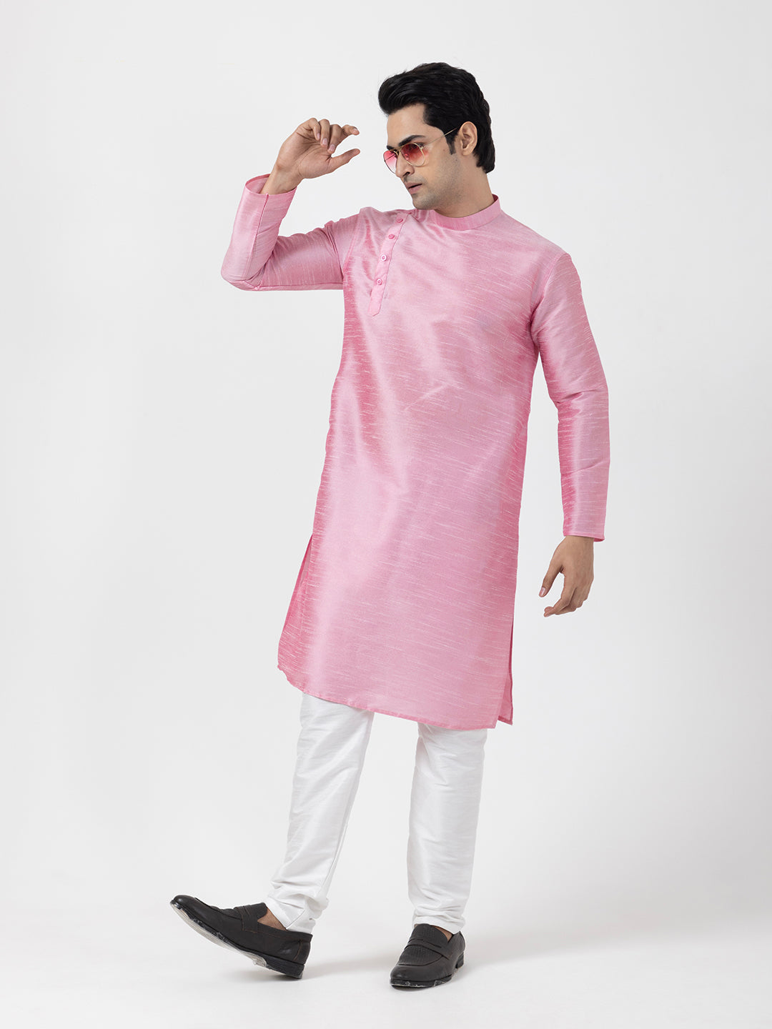 Men Dupion Silk Angrakha Kurta With Pyjama Set