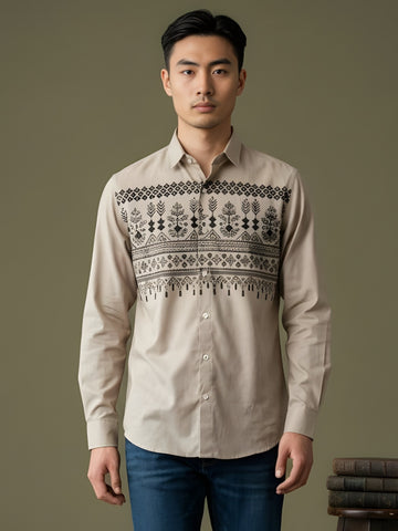 [DS-MGSP] Men's Beige Ethnic Printed Cotton Shirt