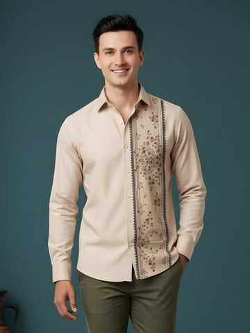 [DS-MGSP] Men's Beige Ethnic Printed Cotton Shirt