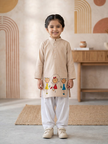 [DGKS-MGSP] Girls Beige Ethnic motifs Printed Cotton Kurti Set