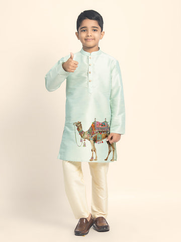 Boys Green Printed Kurta with Beige Pyjama Set