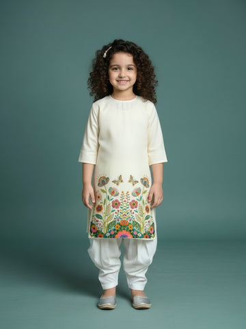 [DGKS-MGSP-RN] Girls Beige Ethnic Motifs Printed Cotton Kurti Set