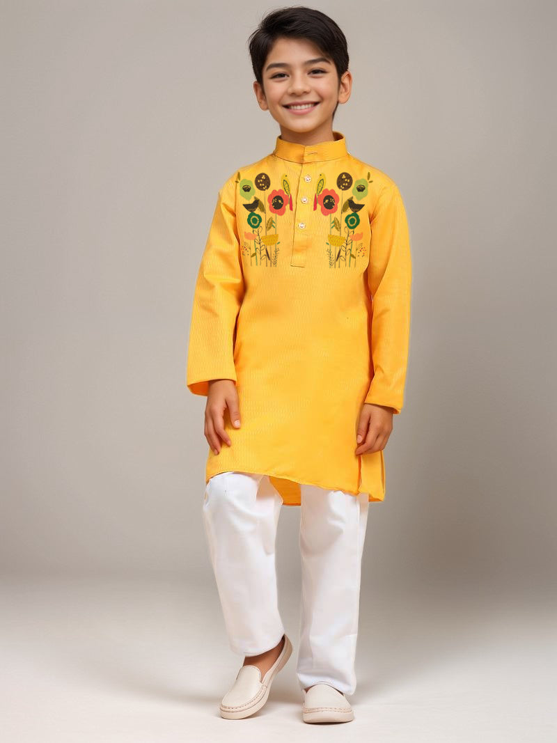 Boys Yellow Printed Kurta with Pyjama Set