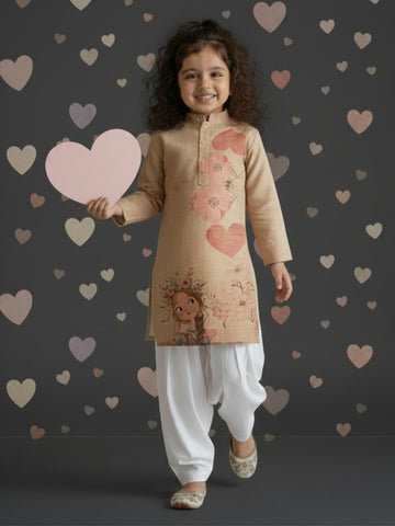 [DGKS-MGSP] Girls Beige Ethnic motifs Printed Cotton Kurti Set
