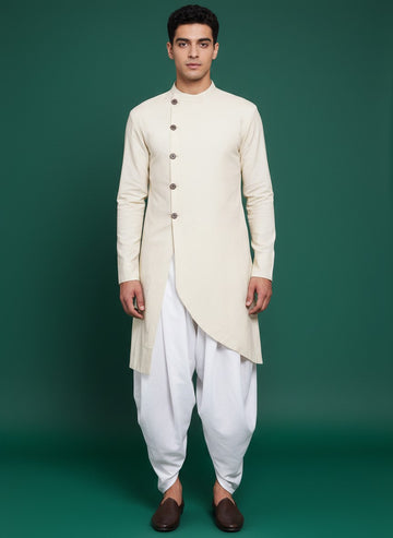 Men's Beige Cotton Kurta Set – Solid & Side Placket