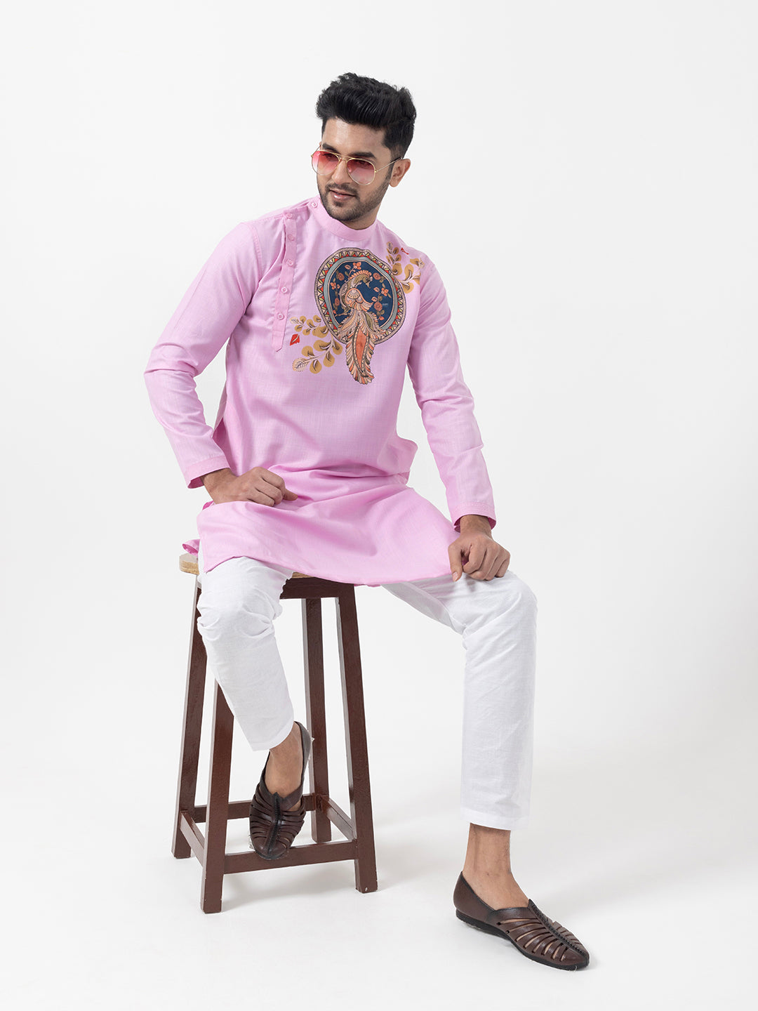 Mens Pink Printed Kurta With Pyjama Set