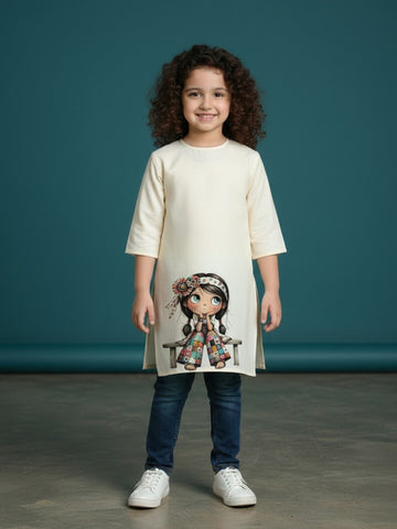 [DGKS-MGSP-RN] Girls Beige Ethnic Motifs Printed Cotton Kurti Set