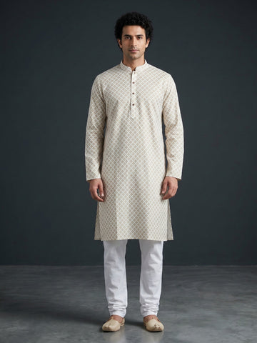 [PR] Men's Off White Ethnic Motif Cotton Kurta Set