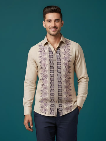 [DS-MGSP] Men's Beige Ethnic Printed Cotton Shirt