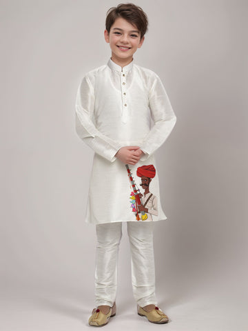 Boys White Printed Kurta With Pyjama Set