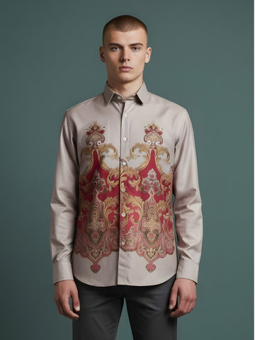 [DS-MGSP] Men's Beige Ethnic Printed Cotton Shirt