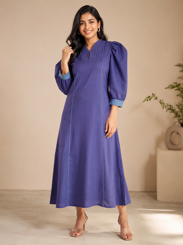 Women's Blue Cotton Linen Fashion Dress – V-Neck