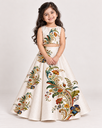 Girls' Off-White Art Silk Lehenga Set – Printed