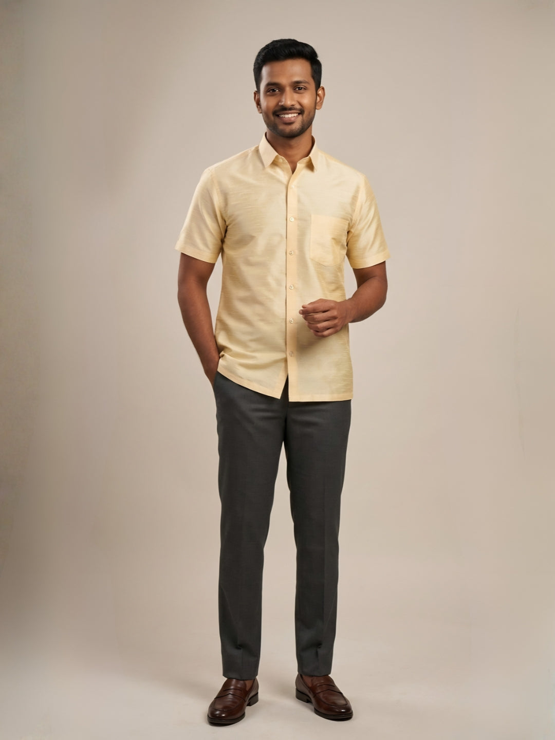 [DS-DP] Men's Beige Solid Textured Art Silk Shirt