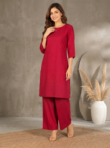 Women's Maroon Cotton Linen Kurta & Palazzo Set
