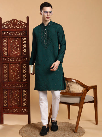 [MDE] Men's Green Mirror & Thread Work Modal Silk Kurta Set