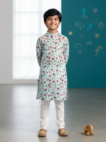 [DBKS-MGAO] Boy's Sky Blue Ethnic motifs Printed cotton kurta Set