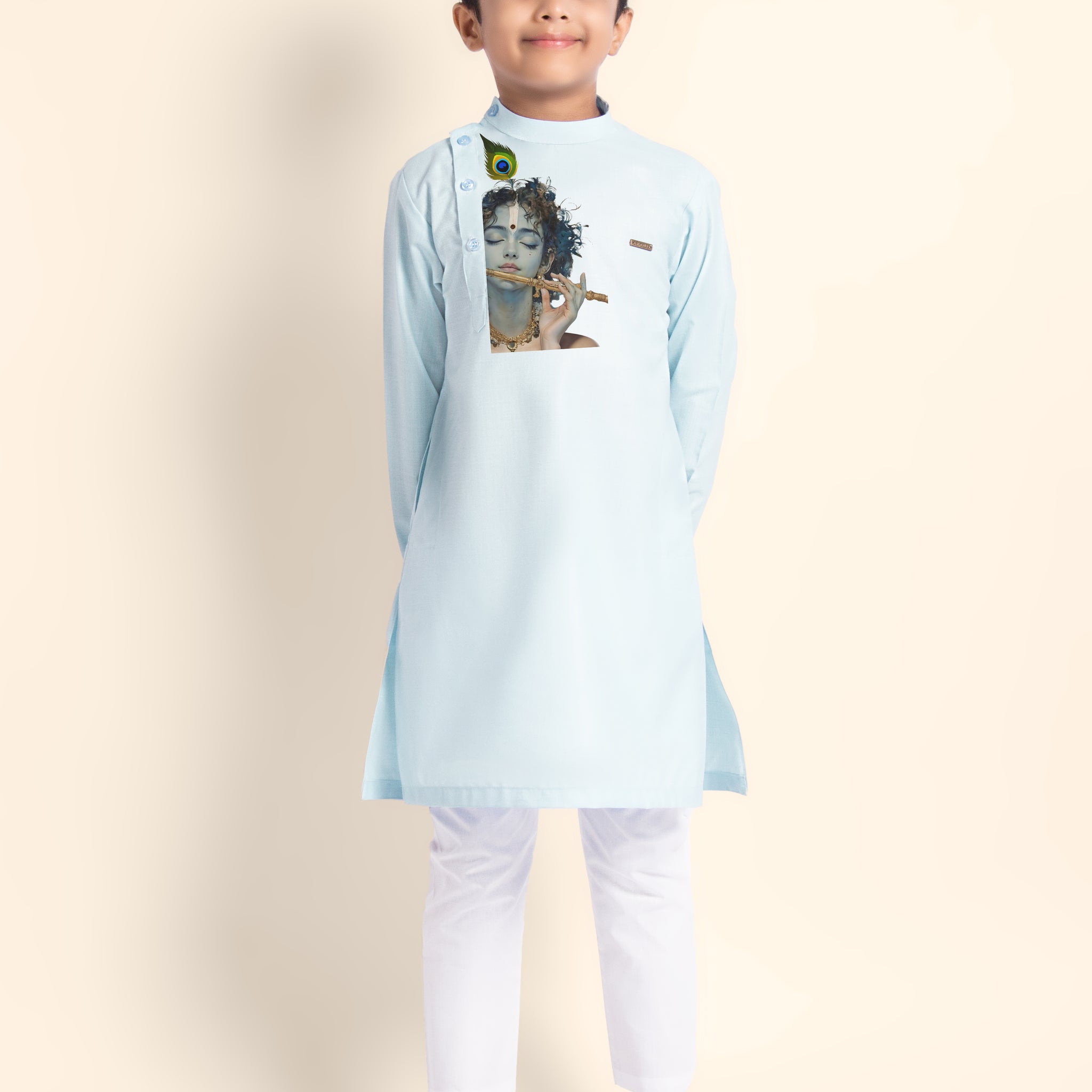 Boys Sky Blue Cotton Kurta Pyjama with Lord Krishna Print