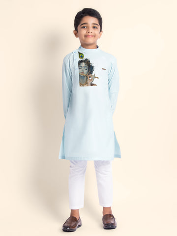 Boys Sky Blue Cotton Kurta Pyjama with Lord Krishna Print