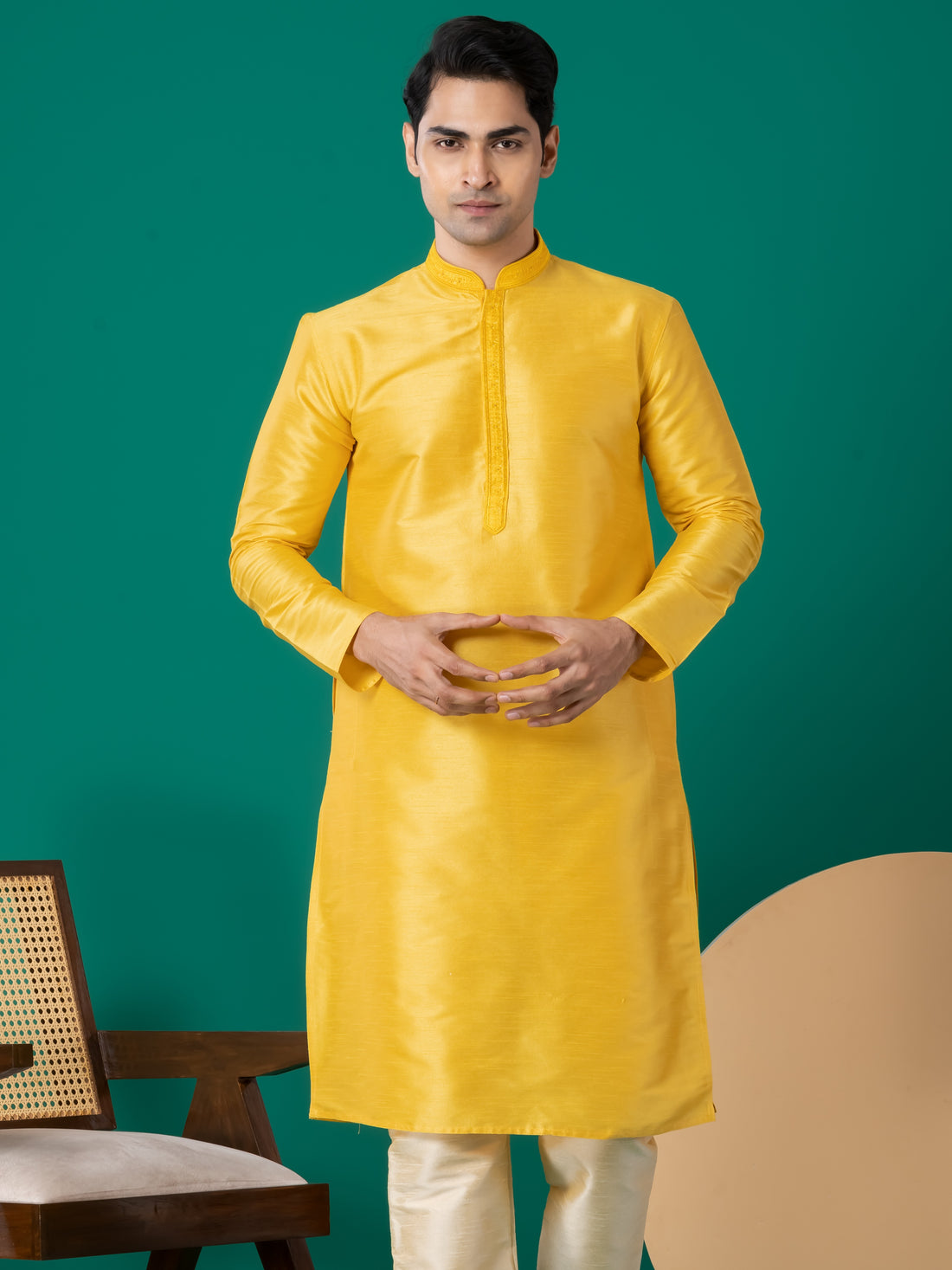 Woven Design Mandarin Collar Thread Work Straight Kurta With Pyjama Set